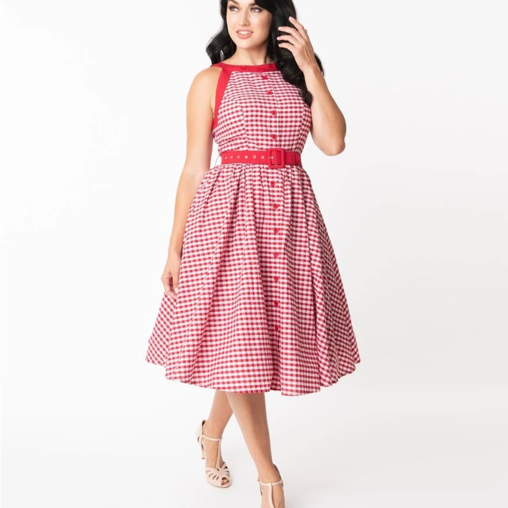 Unique Vintage Red Gingham Midi Dress